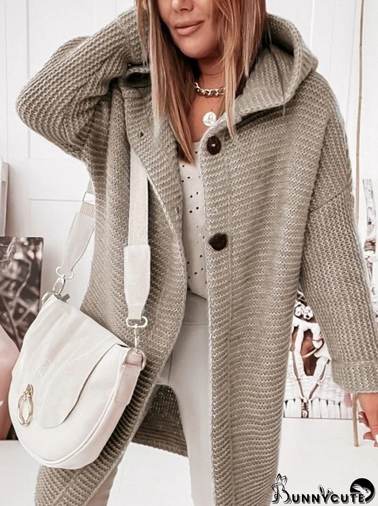 Women Long Sleeve Hooded Cardigan Soild Knit Sweaters Coats