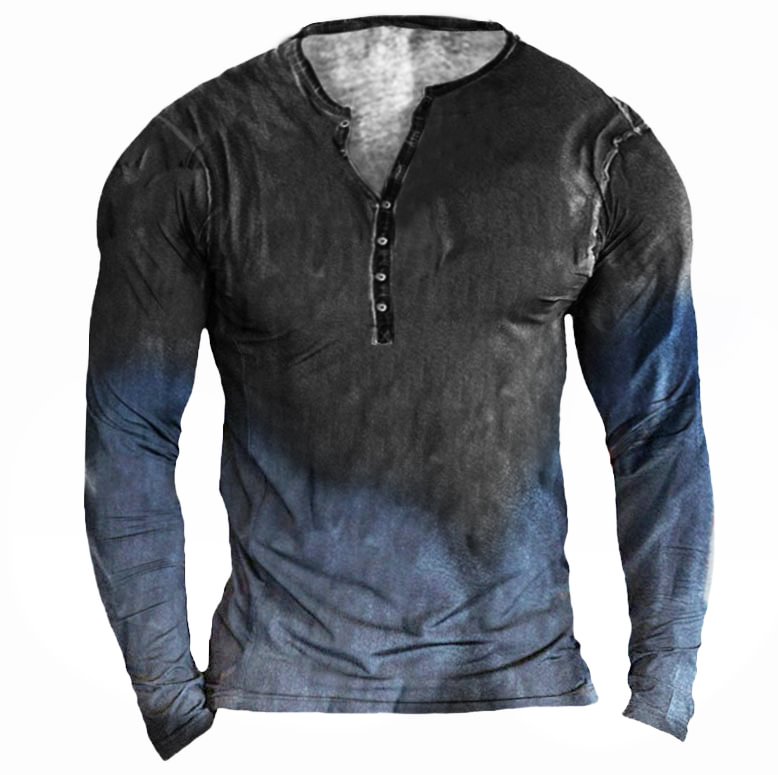 Men's Outdoor Vintage Gradient Print Henley Collar Tactical T-Shirt-Compassnice®