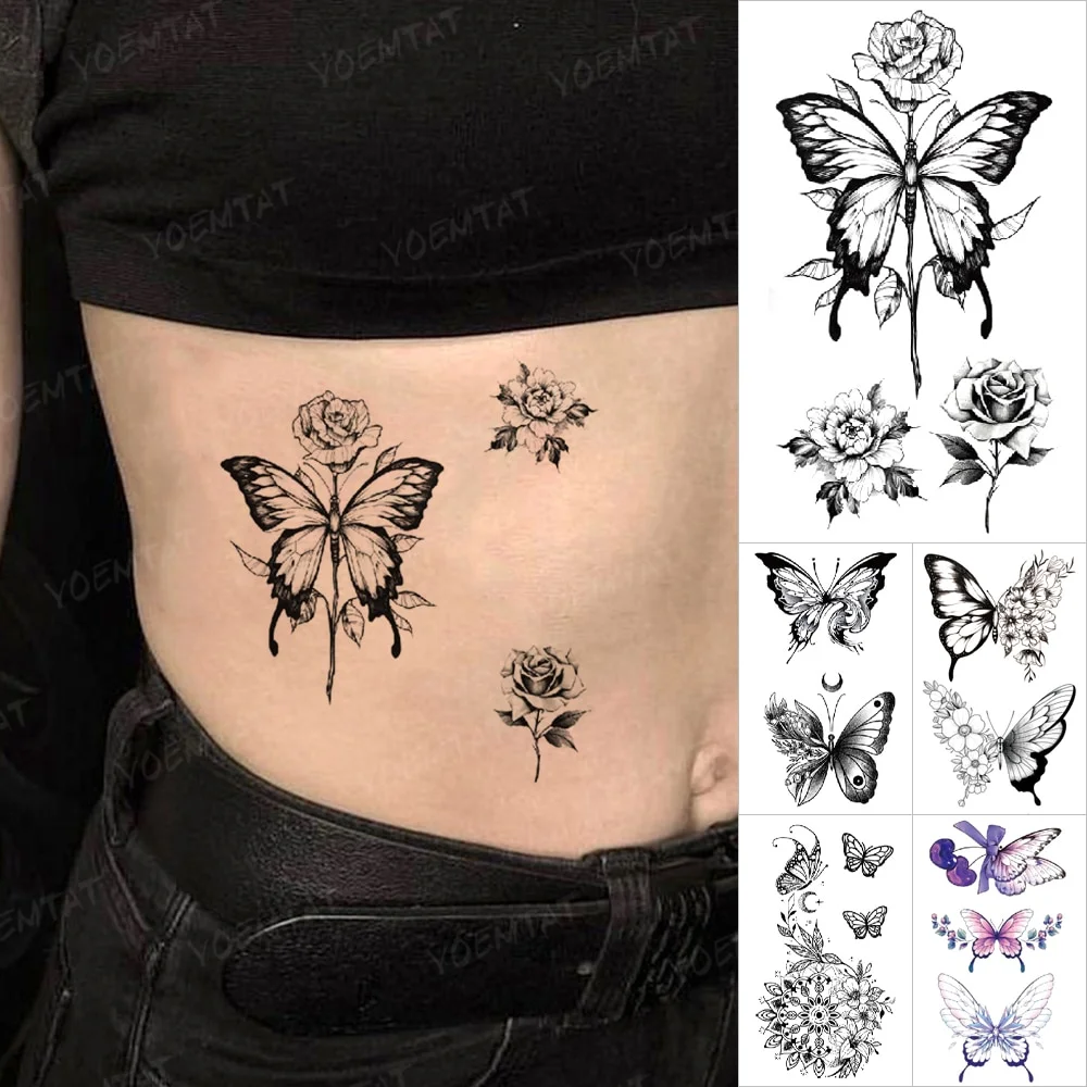 Sdrawing Temporary Tattoo Stickers Butterfly Flower Realistic Sexy Flash Tatoo Women Men Arm Waist Line Body Art Fake Tatto Cool