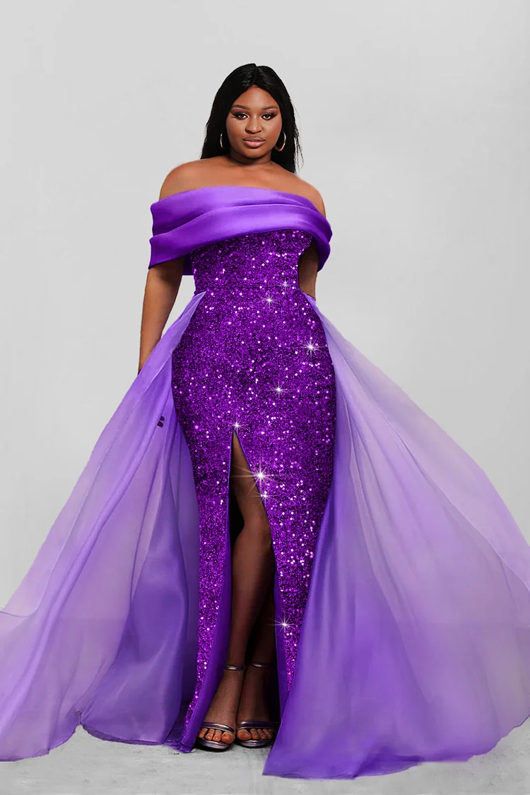 Xpluswear Design Plus Size Formal Dress Purple Off The Shoulder High Split Overlay Skirt Sequin Maxi Dress [Pre-Order]