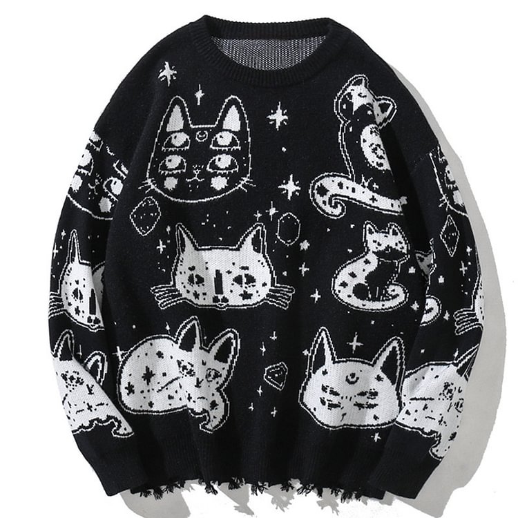 Cartoon Cat Print Loose Sweater - Modakawa modakawa