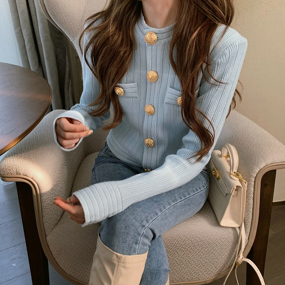 Elegant OL Long Sleeve O Neck Women Sweaters 2021 New Autumn Winter Button Cardigans Korean Cropped Cardigan