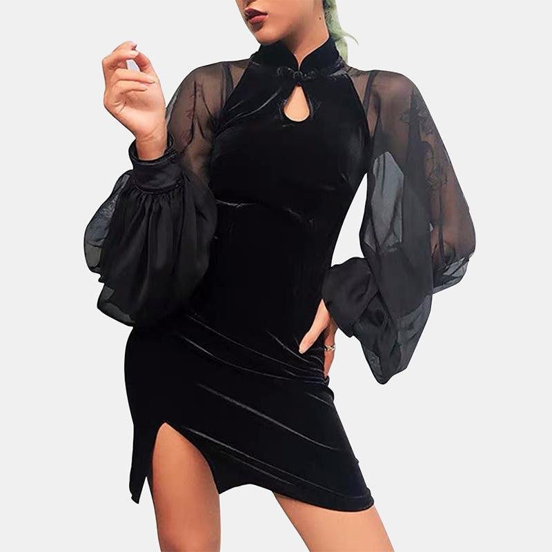 Mesh Puff Sleeve Slit Dress