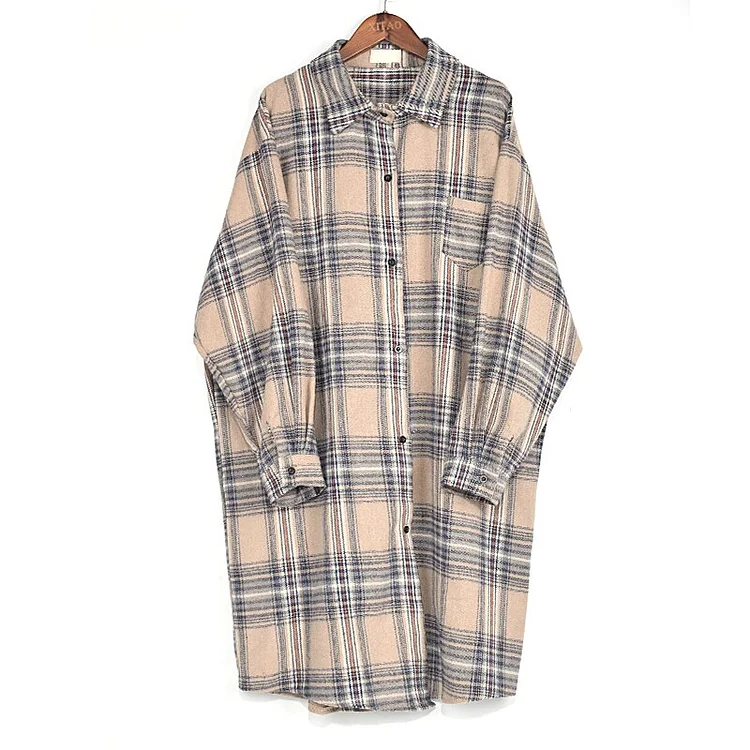 Fashion Loose Lapel Plaid Long Sleeve Single-breasted Shirt      