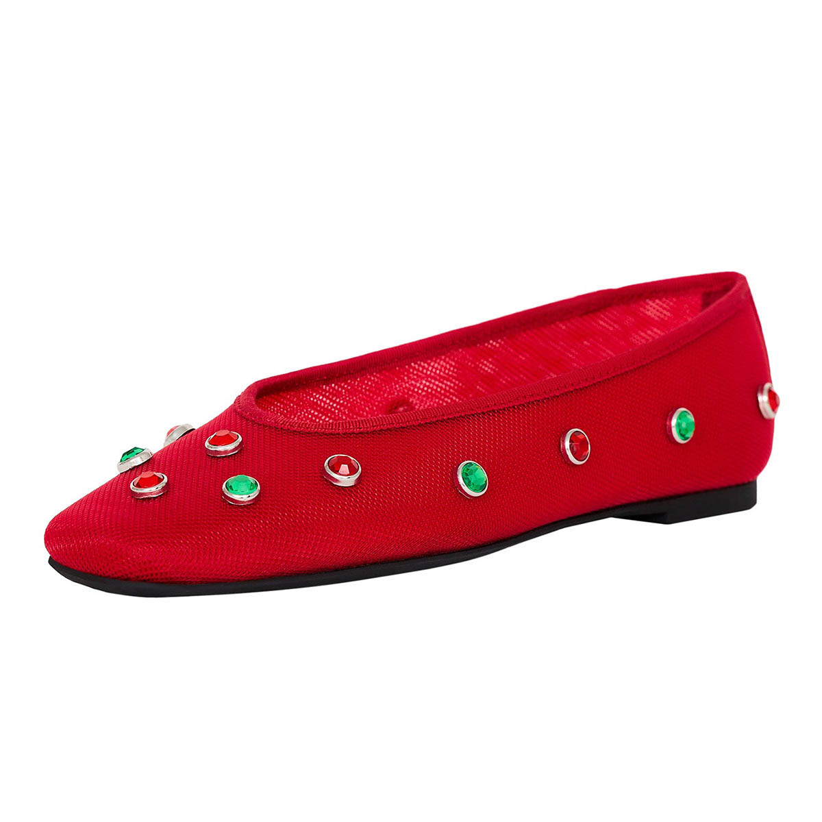 Women's Red Square Toe Mesh Ballet Flats with Colorful Studs Nicepairs