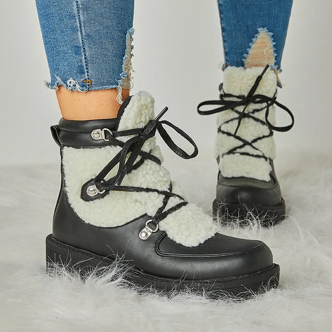 Women Faux Shearling Stiching Lace Up Snow Boots