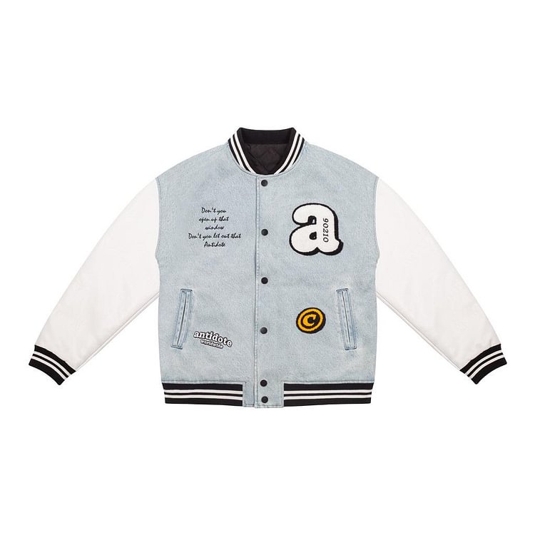Antidote Embroidered Washed Denim Varsity Jacket