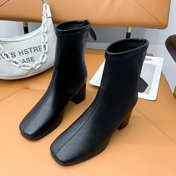 Yyvonne 2025 New Thick And High-Heeling Single-Sley Female British Wind Side Behind The Zipper Black Simple 44 Size Short Boots