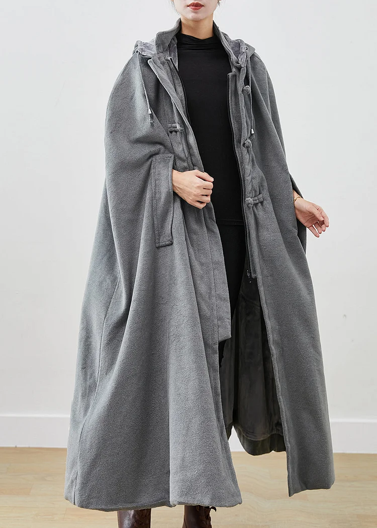 Handmade Grey Oversized Lengthen Warm Fleece Hooded Coat Cloak Sleeves