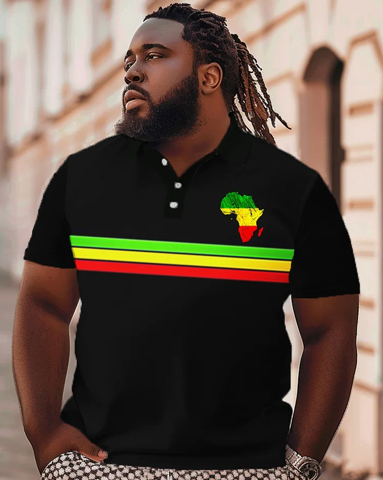Three Color Horizontal Striped Printed Large Black Men's Polo Shirt