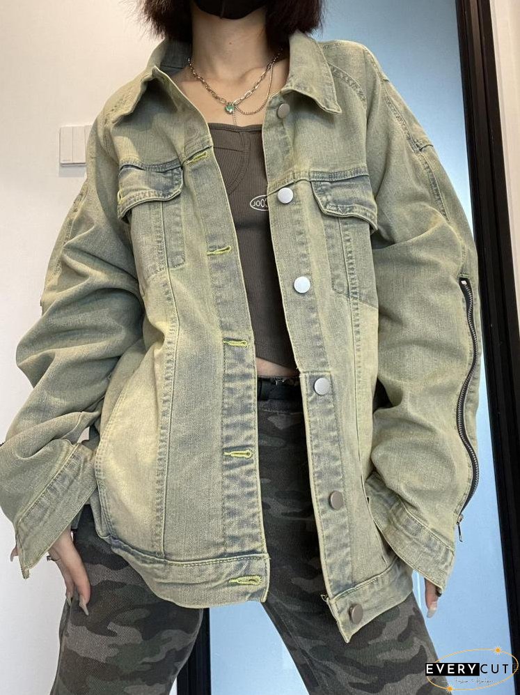Streetwear Green Jeans Jackets Women Long Sleeve Korean Style Ladies Denim Coat Outwear