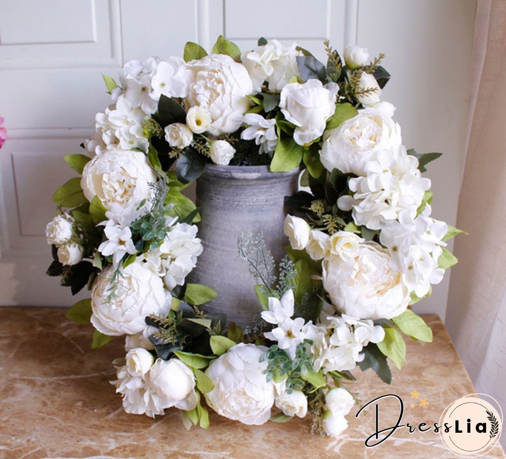 40cm Handmade White Peony Wreaths Simulation Flower Wreath Garlands for Wedding Door Decoration