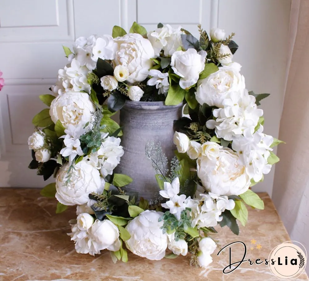40cm Handmade White Peony Wreaths Simulation Flower Wreath Garlands for Wedding Door Decoration