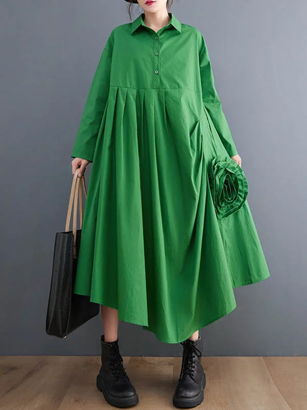 Urban Floral Applique Pleated Long Sleeves Shirt Dress Midi Dress