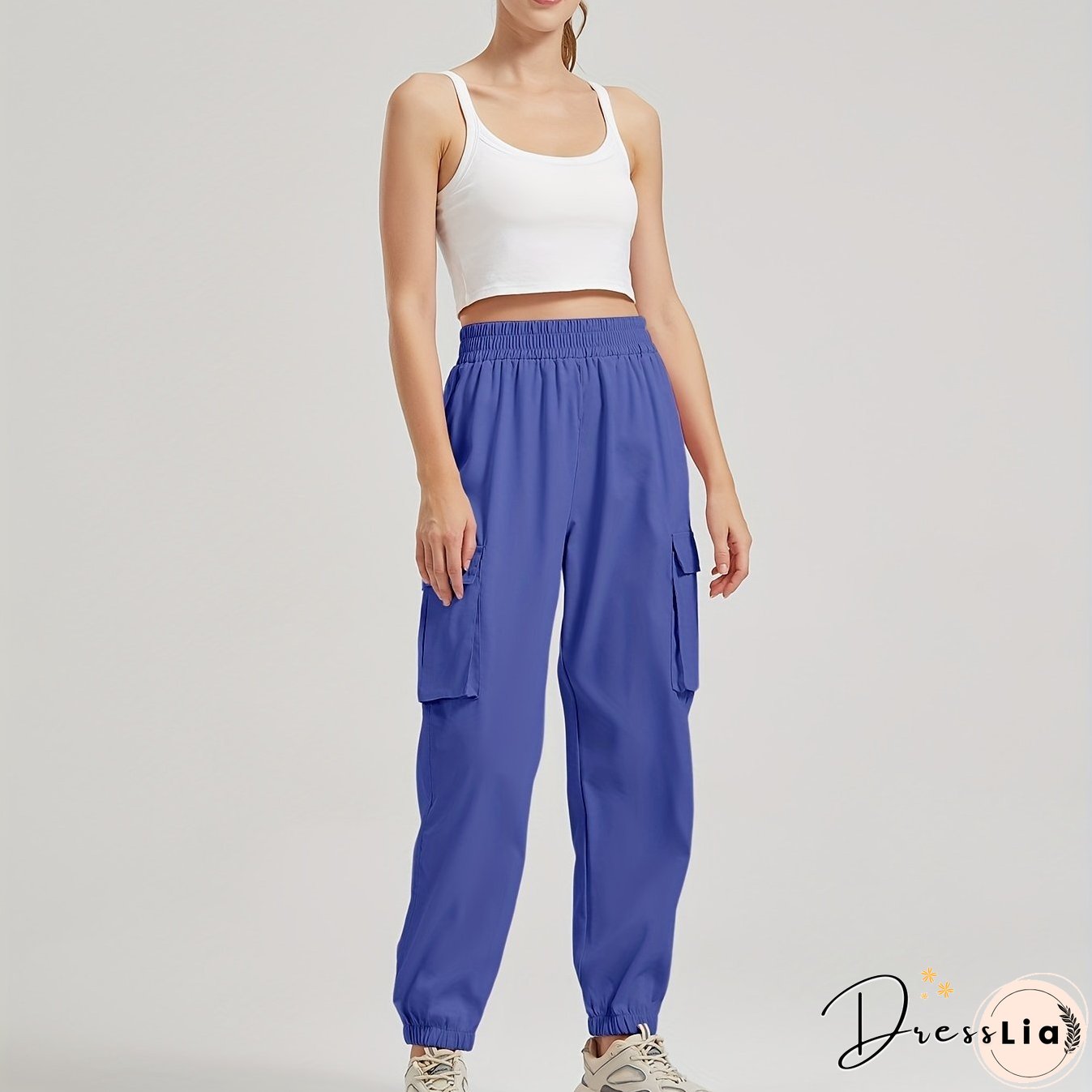 Solid Color Casual Joggers Sweatpant, Cargo Loose High Waisted Pants With Pockets, Women's Athleisure
