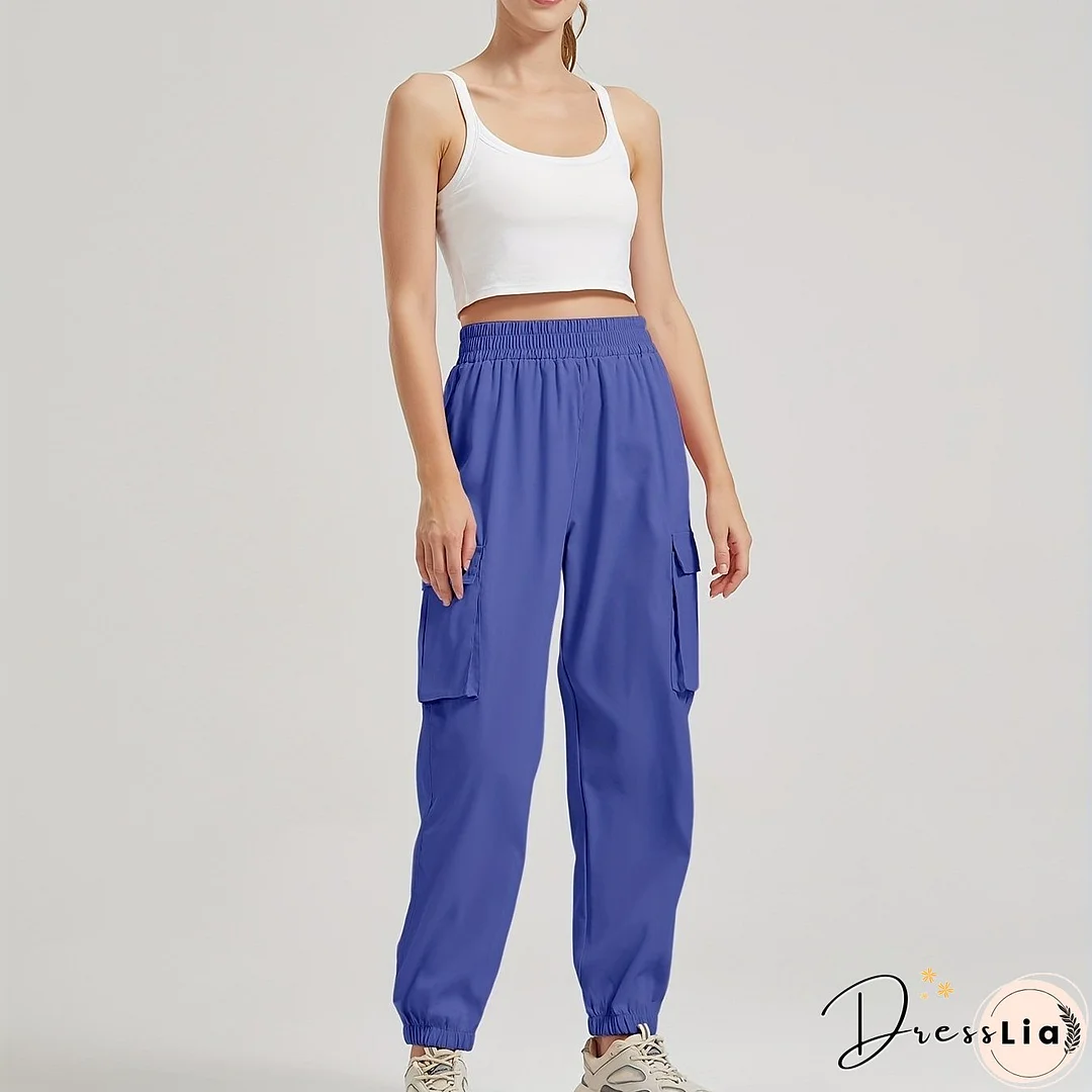 Solid Color Casual Joggers Sweatpant, Cargo Loose High Waisted Pants With Pockets, Women's Athleisure
