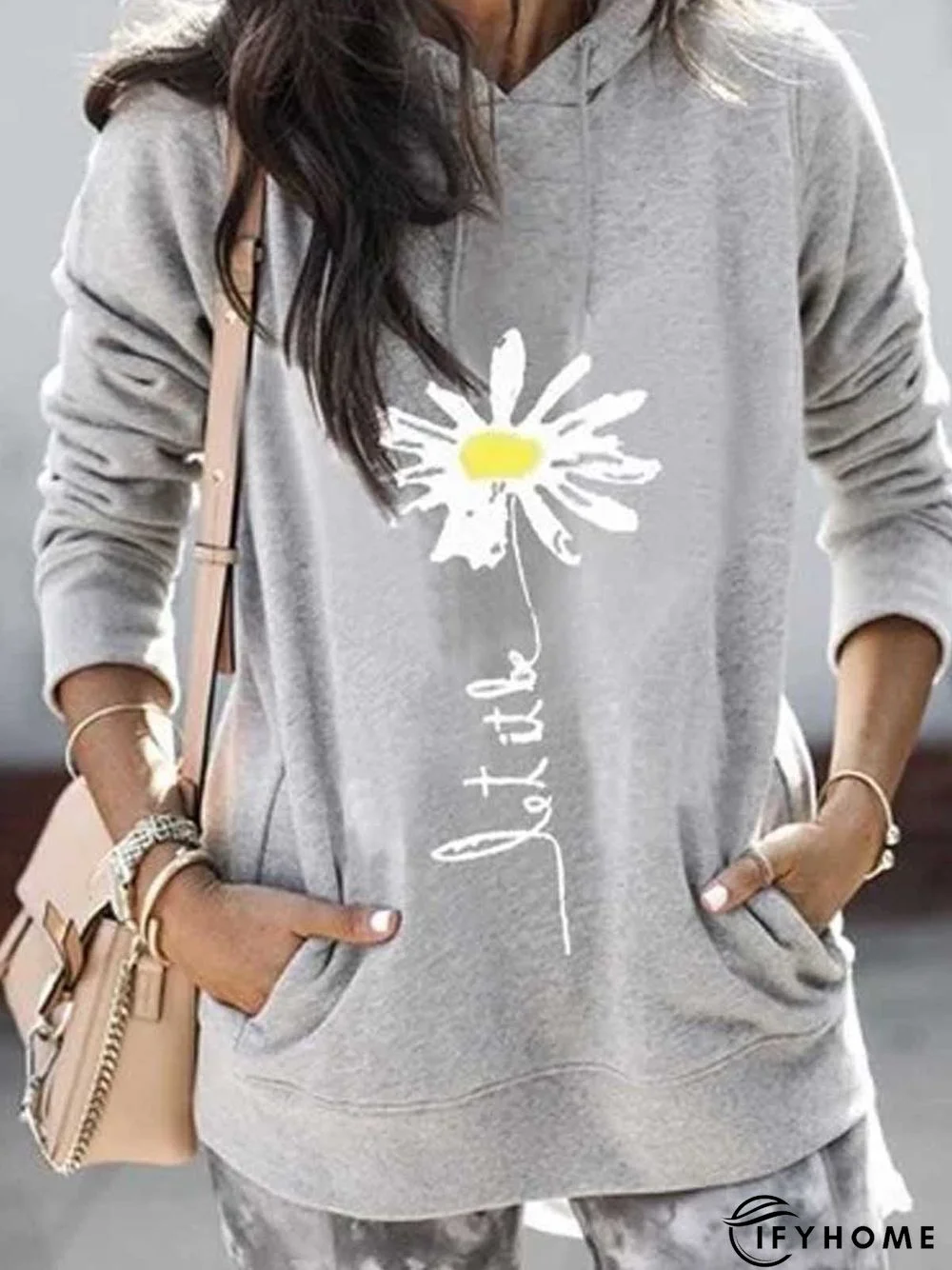 Light Gray Hoodie Casual Patchwork Printed Sweatshirt | IFYHOME