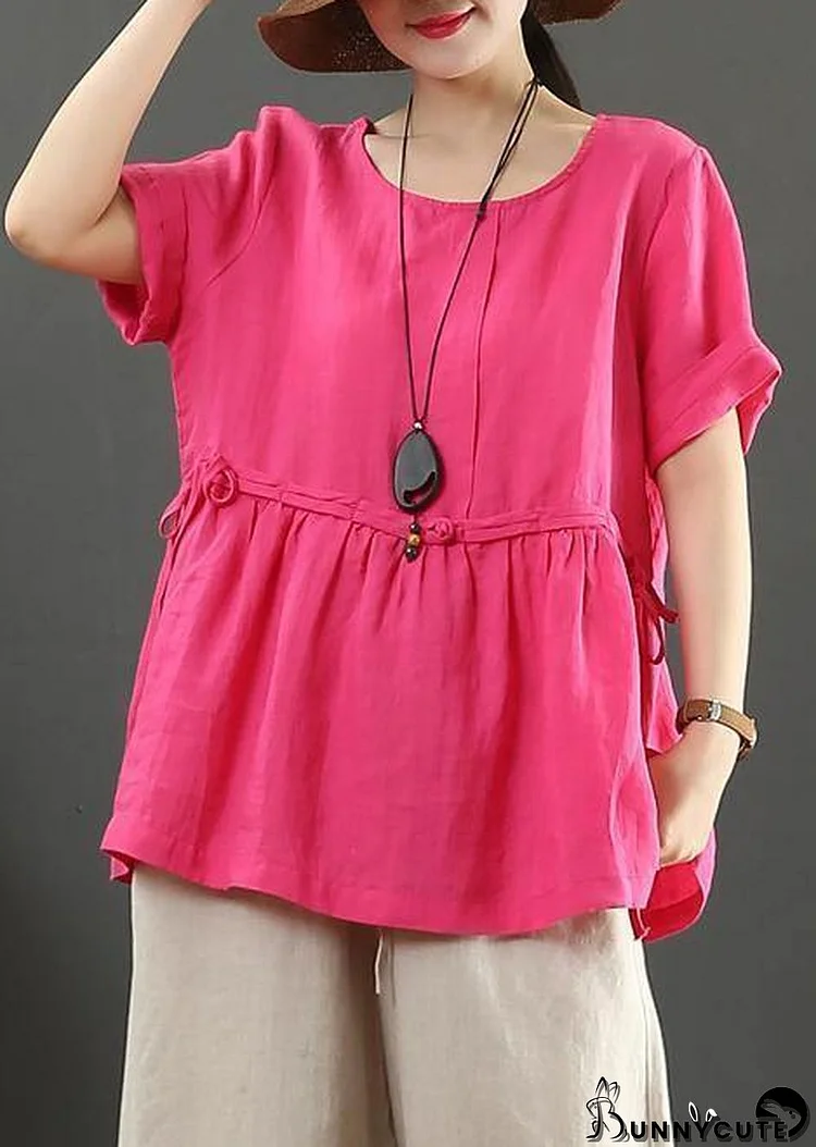 Women rose linen linen tops o neck Plus Size Clothing summer shirts