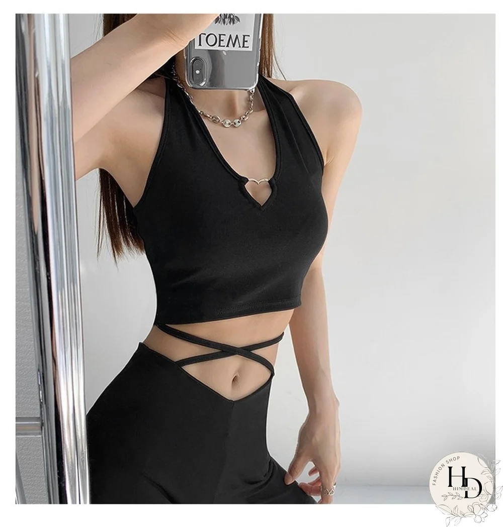 Summer Chic New Hot Girl Metal Heart Love Hollow Out Halter Sling Design Casual Outer Wear Sleeveless Navel Short Vest