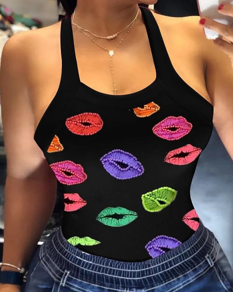 Lip Print Halter Strap Casual Top