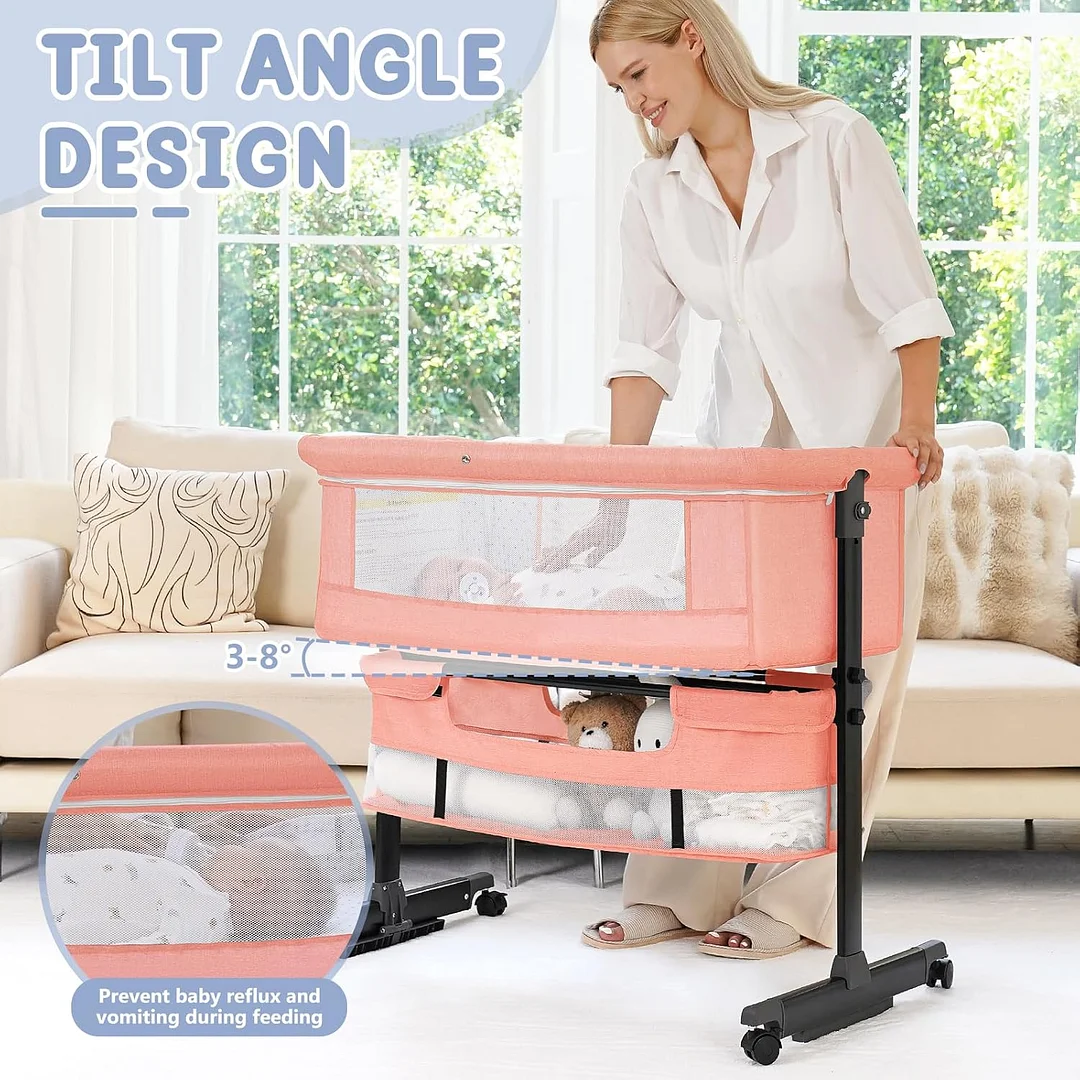 3 in 1 Bassinet Bedside Sleeper, Baby Bassinets Bedside Sleeper with Wheels, Breathable Mesh, Adjustable Height, Storage Basket, Easy Assemble & Folding (Pink)