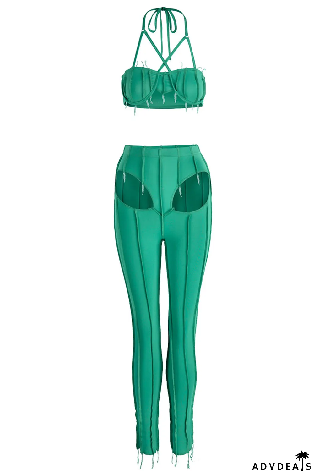 Black Sexy Solid Hollowed Out Patchwork Asymmetrical Halter Sleeveless Two Pieces