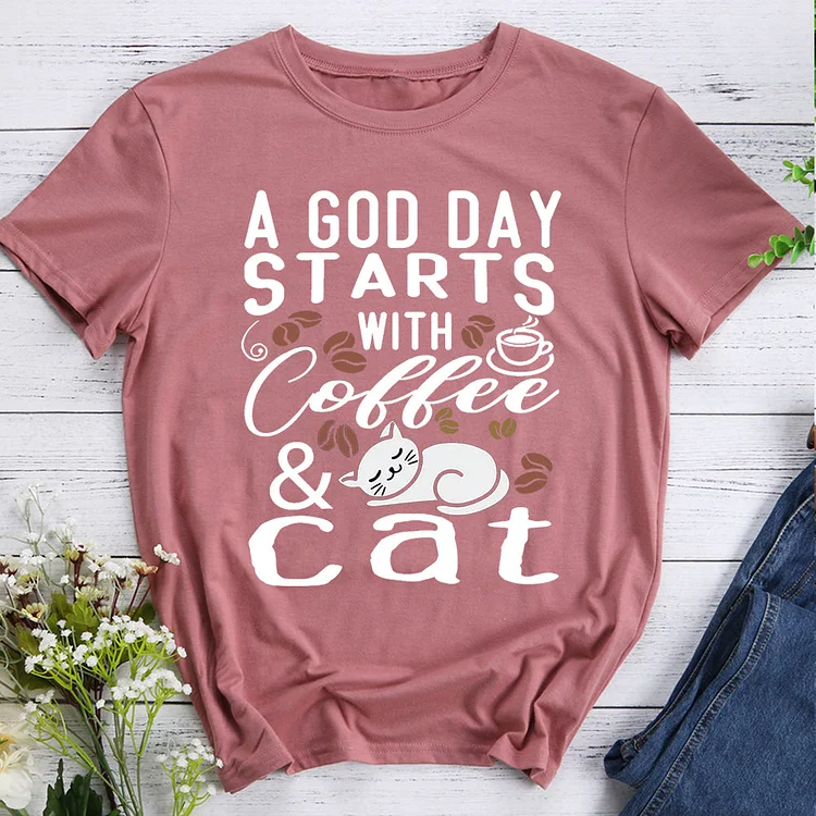 A Good Day Starts With Coffee & Cats   T-shirt Tee -08100