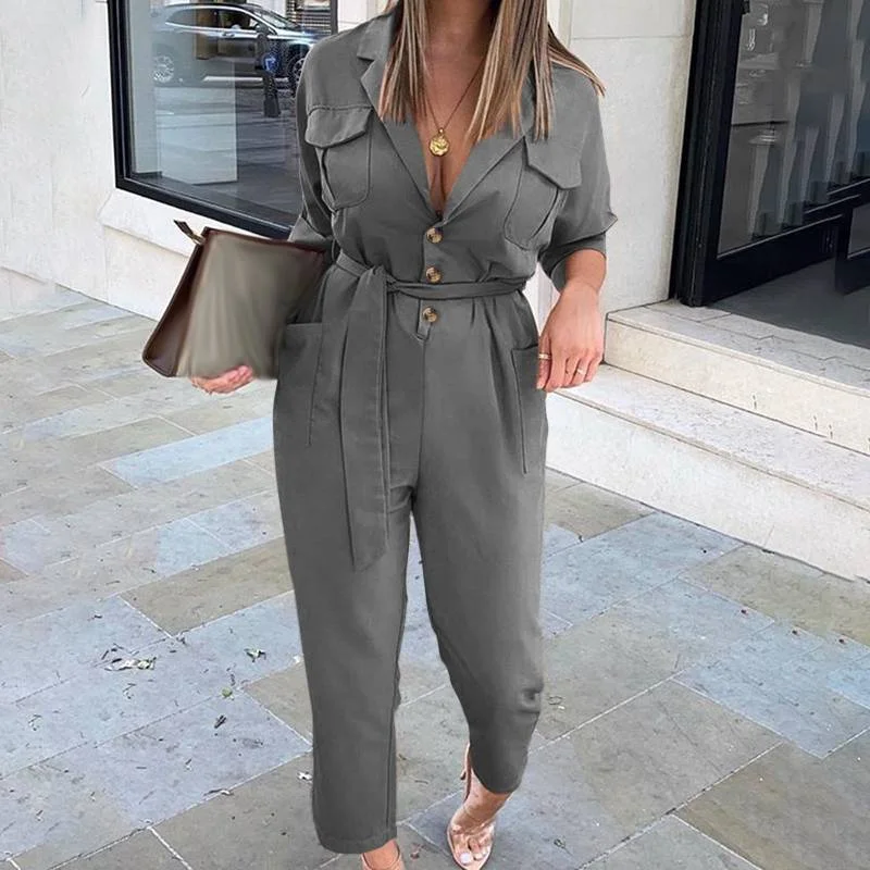Vintage Cargo Rompers Women's Elegant Office Jumpsuits Celmia 2022 Autumn Long Sleeve Suit Collar Casual Solid Work Playsuits 7