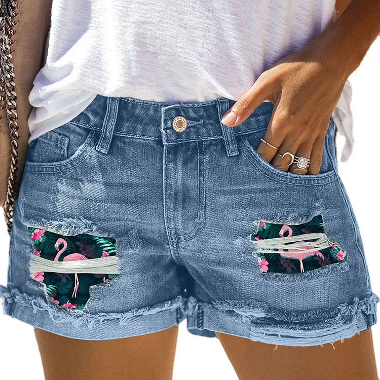Printed Cuffed Ripped Denim Shorts