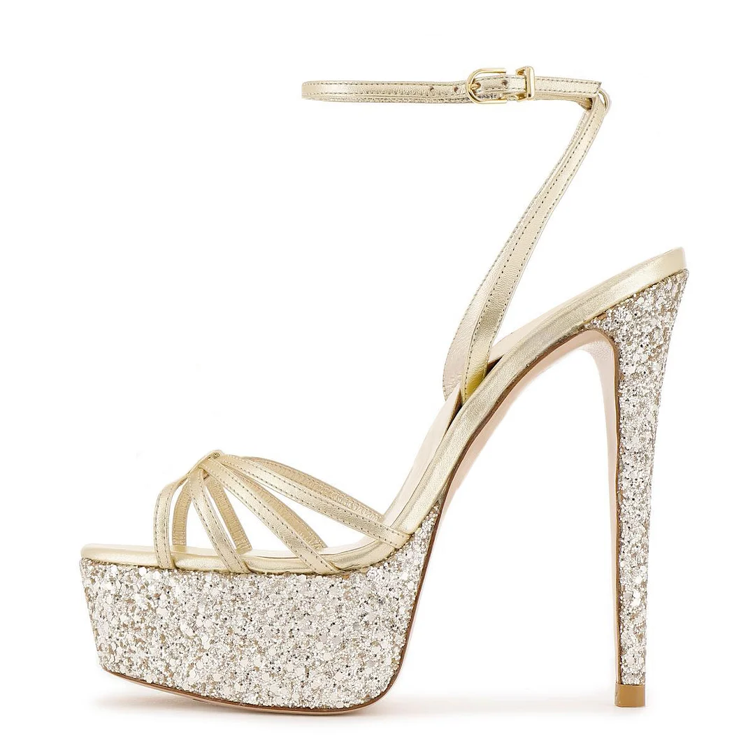 Gold Glitter Open Toe Stiletto Heel Ankle Strap Sandals with Platform Nicepairs