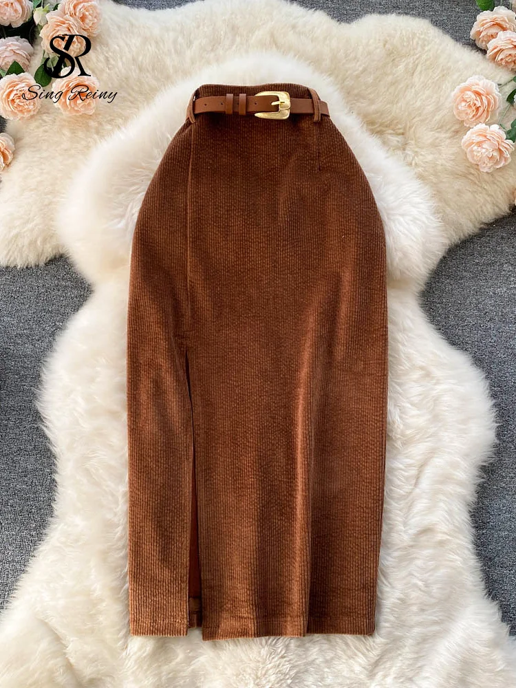 Huibahe Women Korean Split Sexy Long Skirt 2023 Winter Corduroy Slim Thick Streetwear Fashion Vintage Autumn Bodycon Skirt