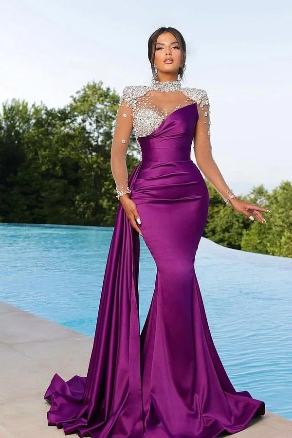 Hellodresses Chic Long Sleeves High Neck Beaded Stain Mermaid Prom Dress With Ruffles