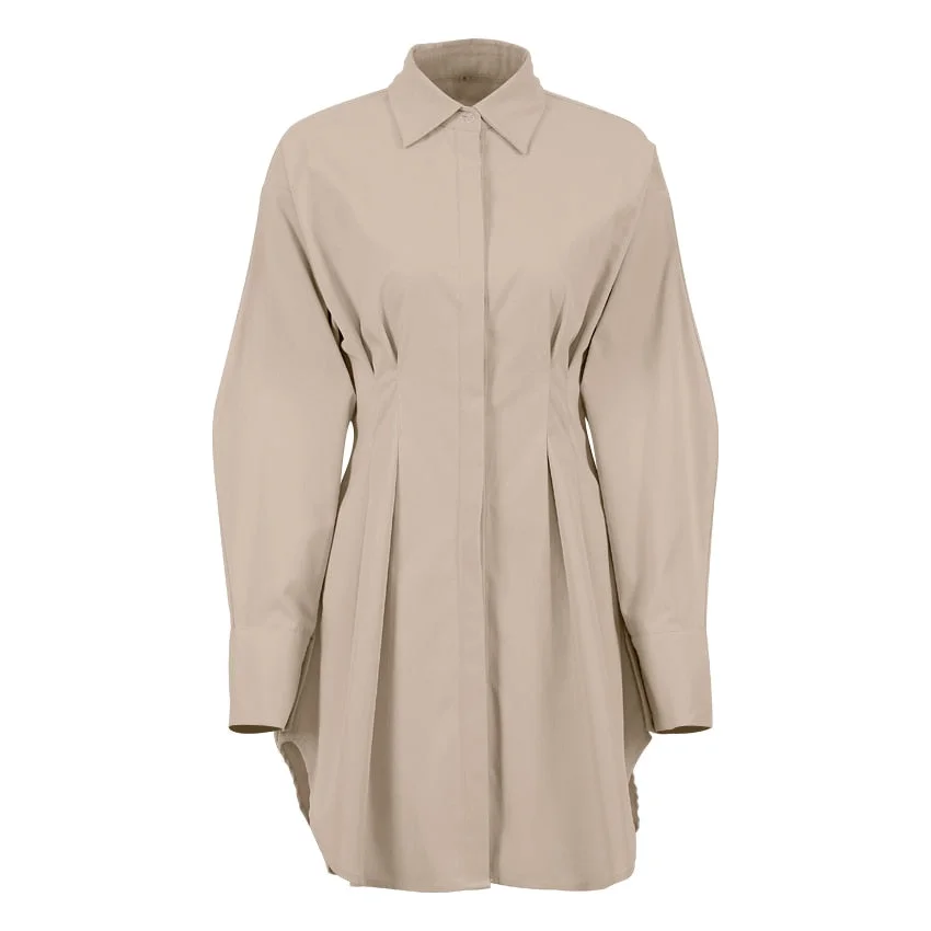 OOTN Pleated Shirt Dress A-Line Single Breasted Casual Dresses Turn-Down Collar High Waist Solid Long Sleeve Mini Dress Autumn