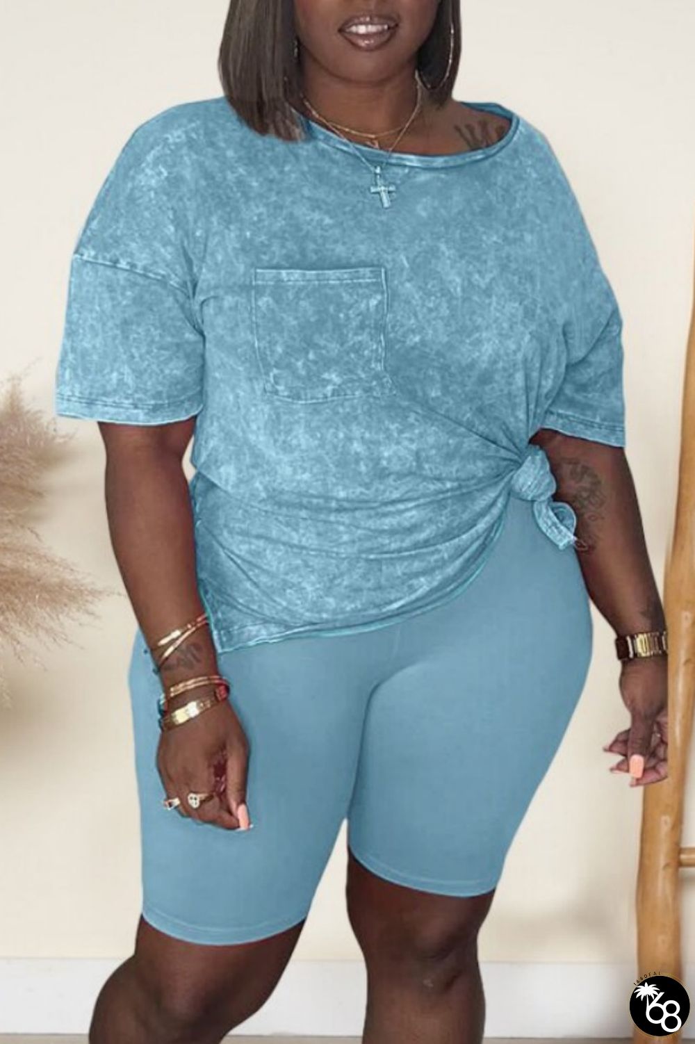 Sky Blue Casual Patchwork Basic O Neck Short Sleeve Two Pieces | 168DEAL