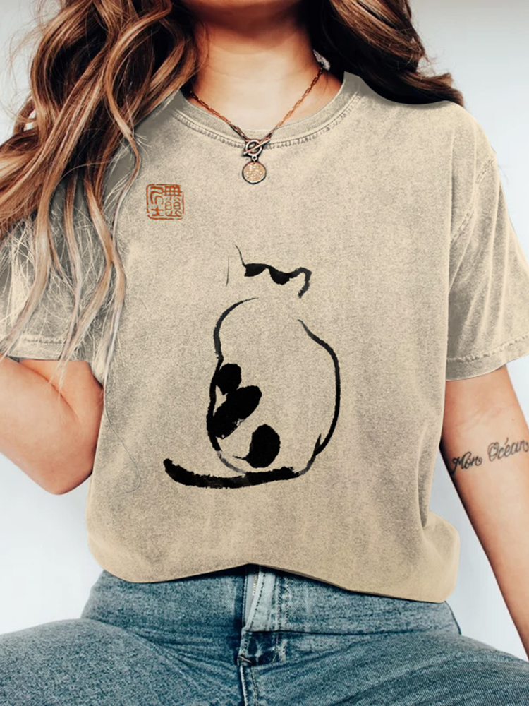 Comstylish Vintage Japanese Art Cat Print Casual Cozy T-Shirt