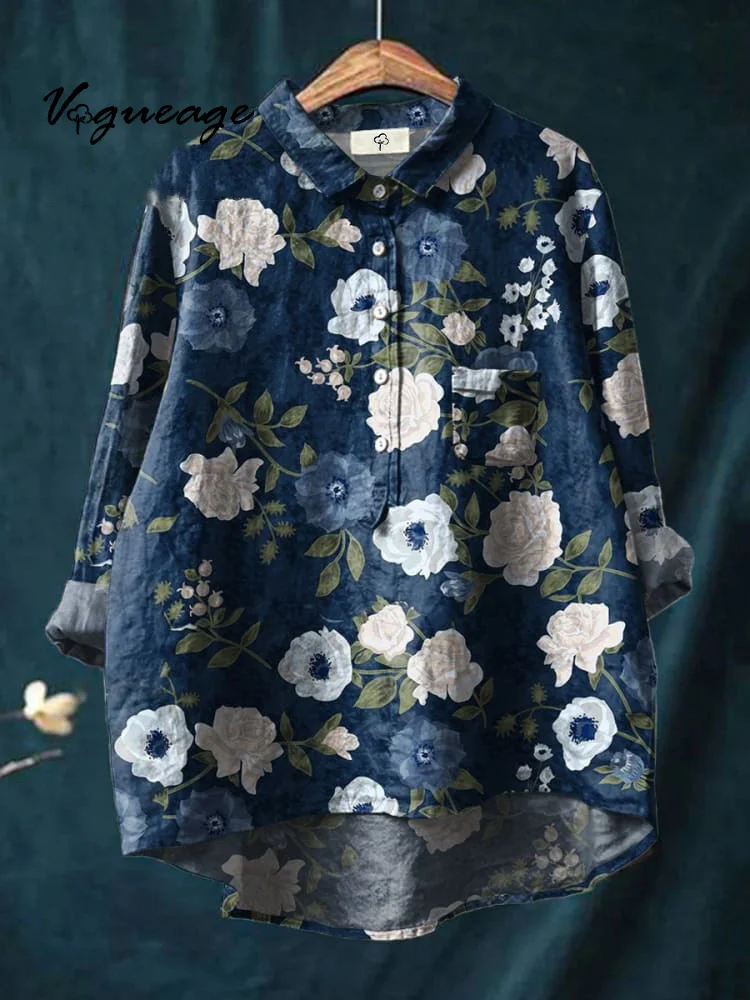 Fashionable Elegant Gentle And Comfortable Flowers Print Cotton And Linen Shirt