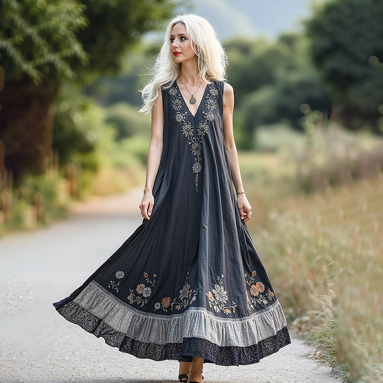 Utbros Retro Bohemian Floral Embroidery Art Sleeveless Cozy Linen Maxi Dress
