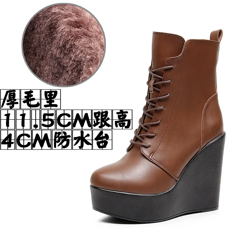 Breakj Breakj Head 12Cm High Slope And Waterproof Table Mid-Sleevel Boots With Side Zipper Women's Boots Pine Cake Plus Velvet Winter Warm Leather Boots