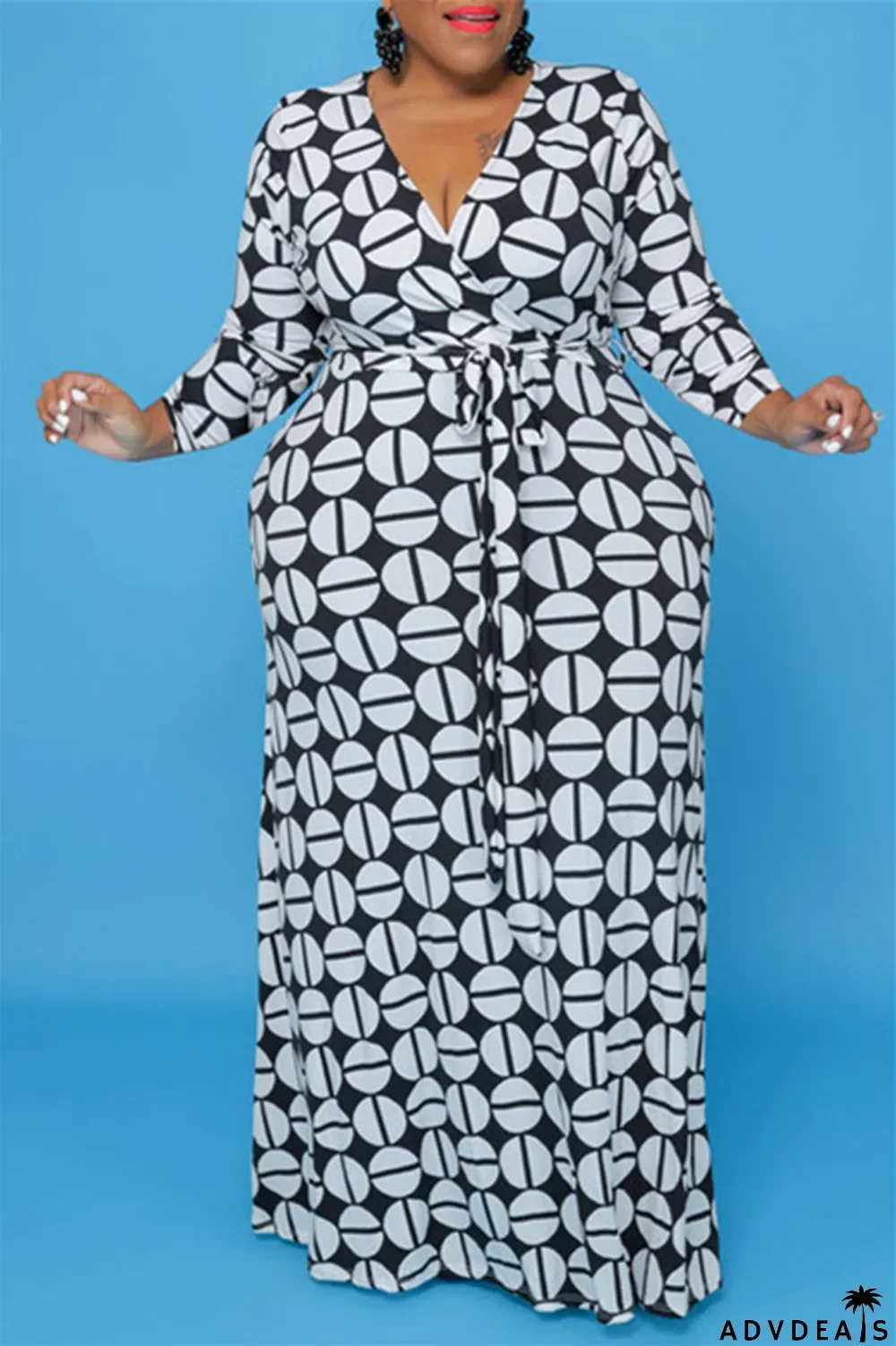 Leopard Print Fashion Casual Plus Size Print With Belt V Neck Long Sleeve Dresses