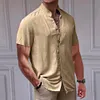 Camicia da uomo a maniche corte in cotone e lino con collo alto e bottoni