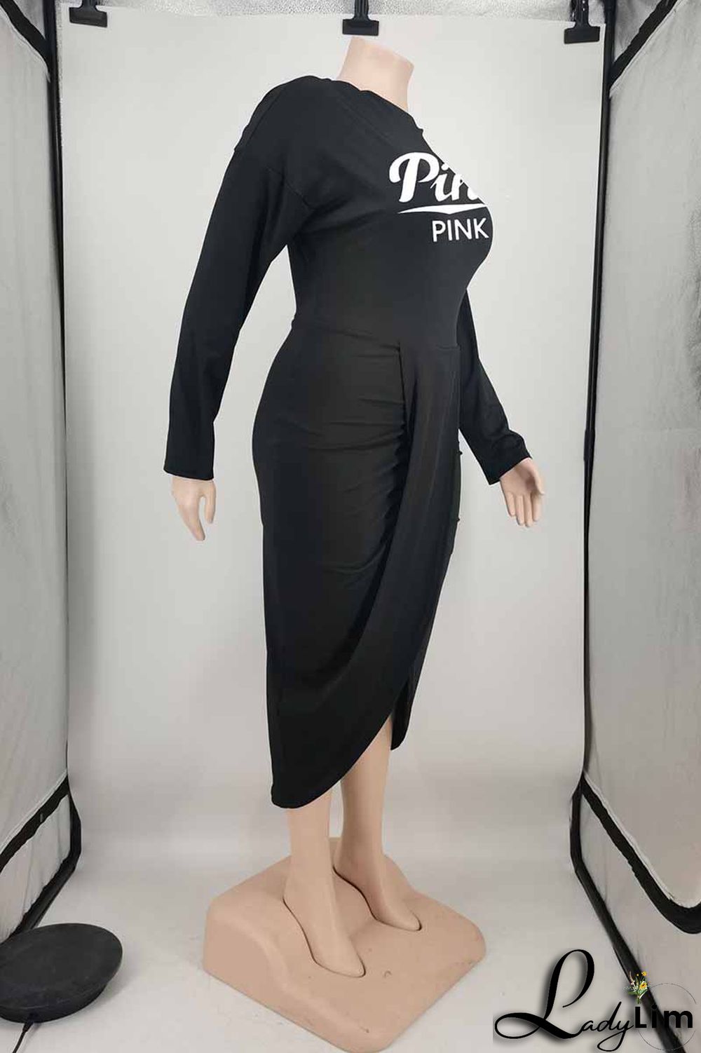 Fuchsia Fashion Sexy Letter Print Patchwork O Neck Long Sleeve Plus Size Dresses