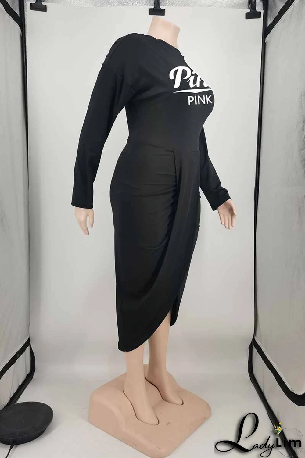 Fuchsia Fashion Sexy Letter Print Patchwork O Neck Long Sleeve Plus Size Dresses