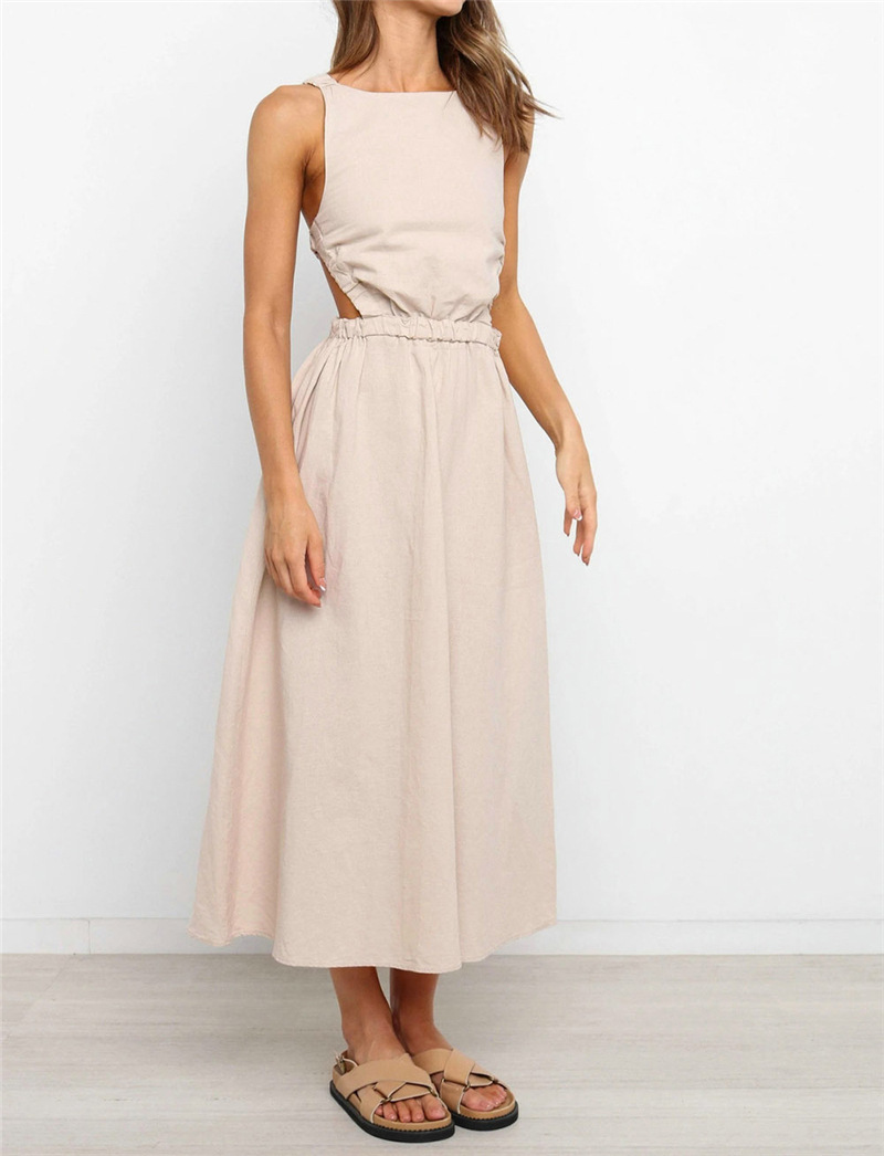 Rotimia Solid Color Linen Backless Dress