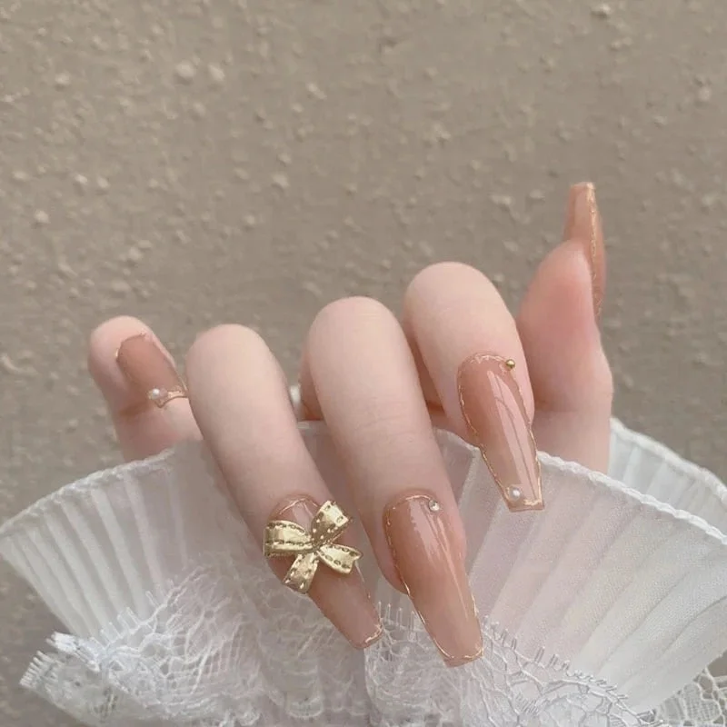 24pcs French Ribbon Decor White False Nails Pearl Crystal Design Press On Nail Mid Length Stiletto Manicure Patch False Nails-Nail Inspo