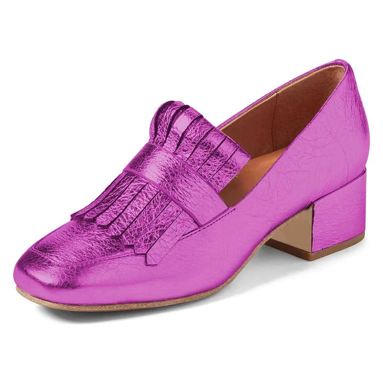 Fuchsia Square Toe Chunky Heels Fringe Women's Loafers |FSJ Shoes