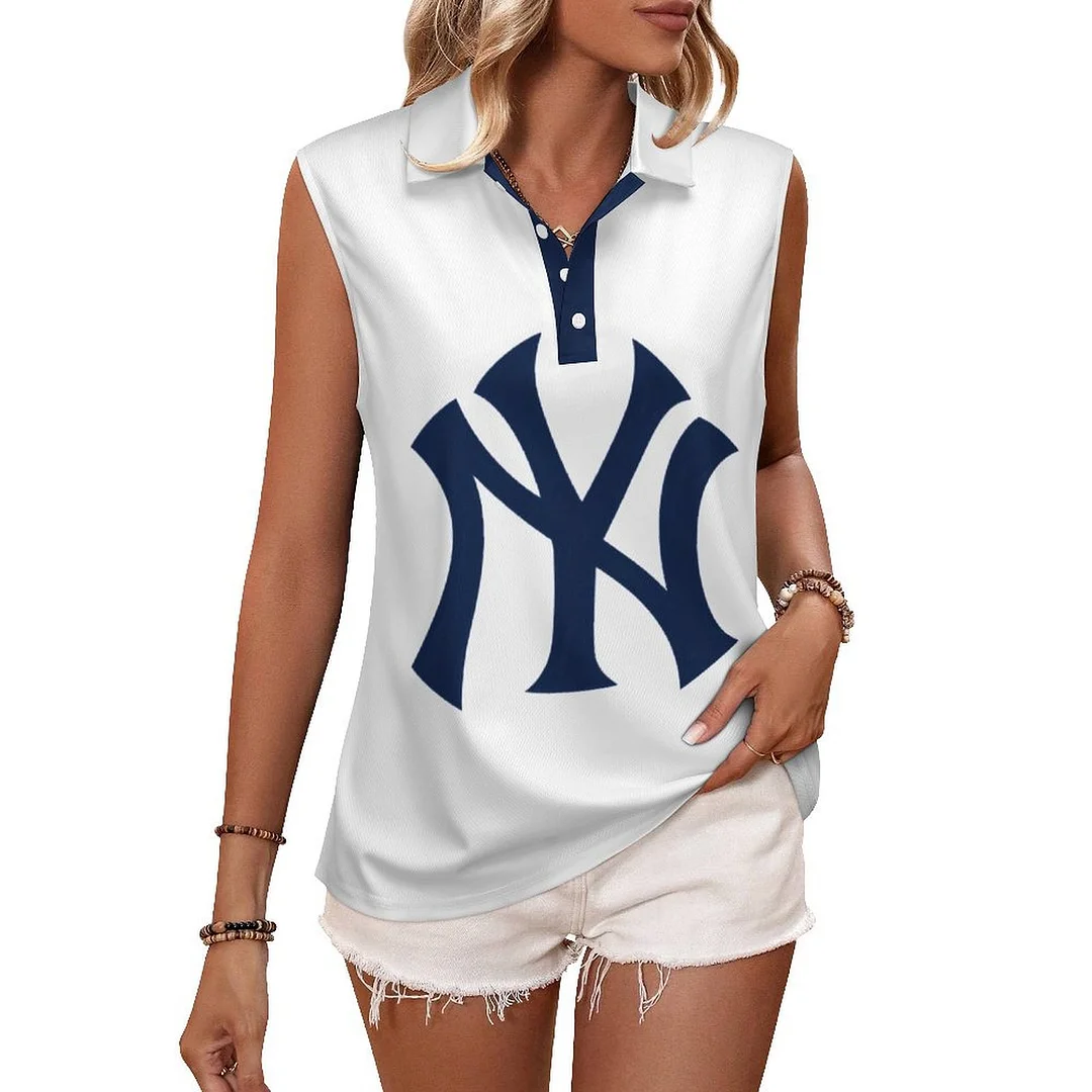 V-neck Sleeveless Casual POLO Shirt Tank Top for Women Printed with Pattern ,Blue