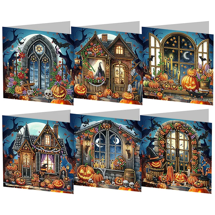 【Greeting Card】6Pcs Special Shape Halloween House Diamond Handmade Card Diamond Daily Wish Card gbfke