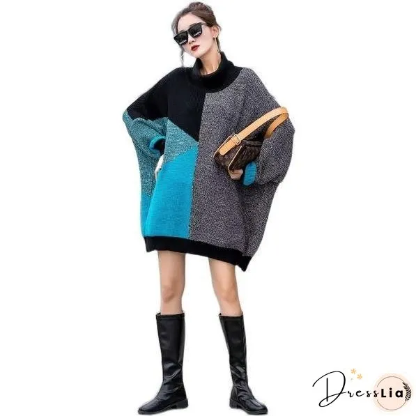 New Irregular Contrast Color O-Neck Collar Pullover Loose Fashion Womens Sweater Winter