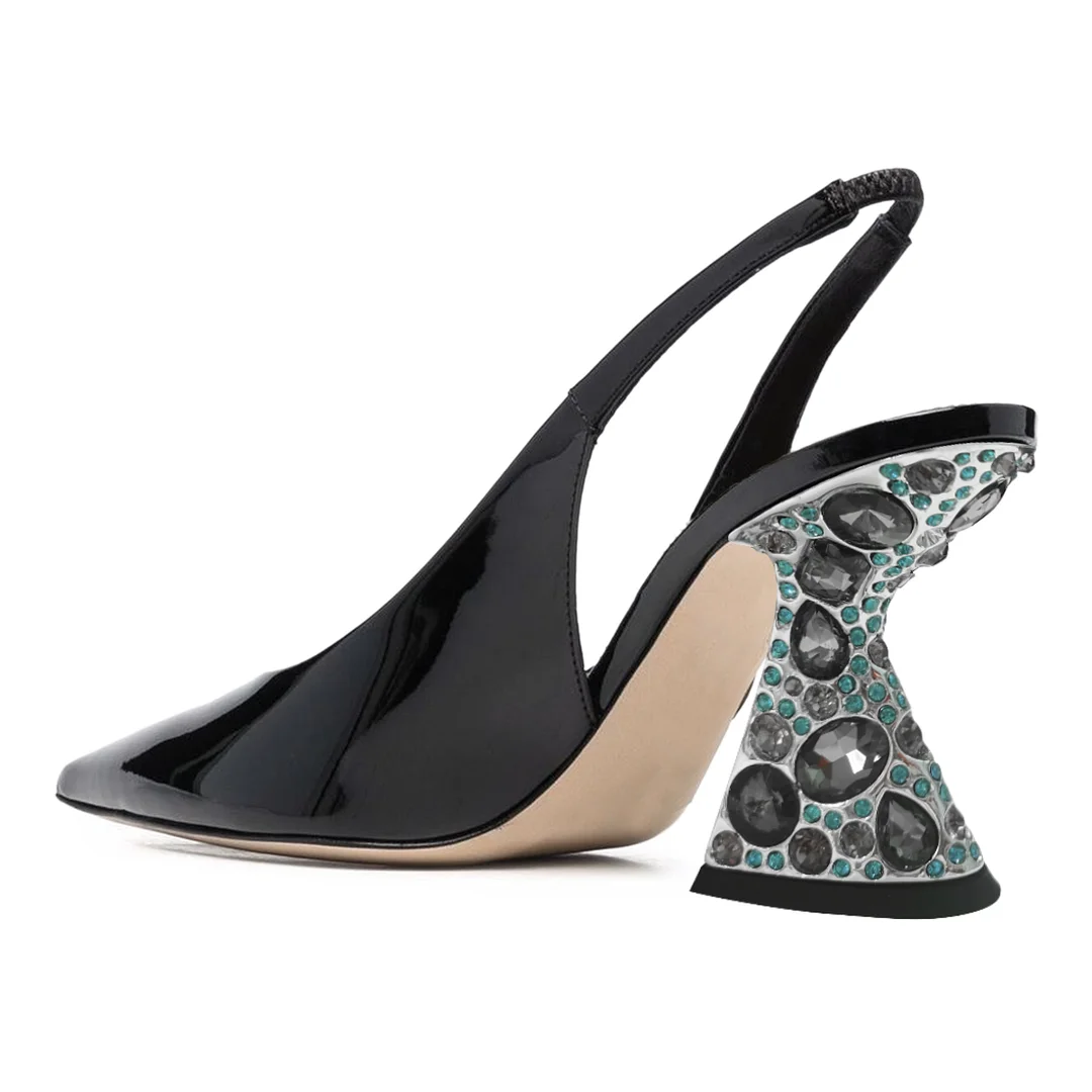 Black Patent Leather Pointed Slingback Pumps with Decorative Heels