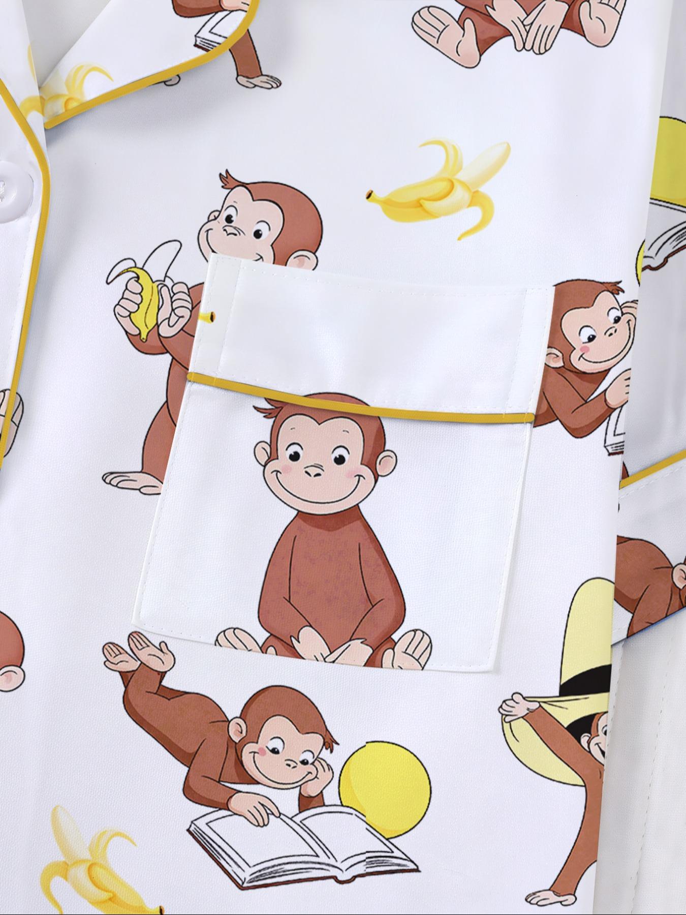 Women's Monkey Banana Print Sleepwear Set, Comfortable Short Sleeve Button Shirt & Loose Elastic Shorts, Fashion Casual Home Wear, Pajama Set, Matching Pj Set, Sleepwear Pajamas Set